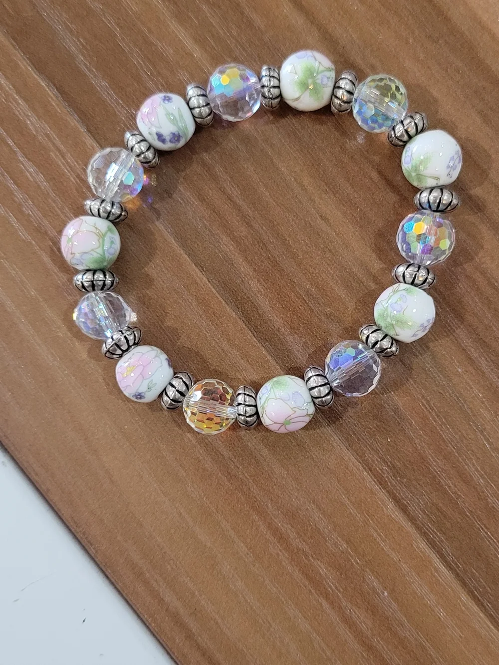 Hand Made-Floral Bead Stretch Bracelet - Pink and Iridescent
